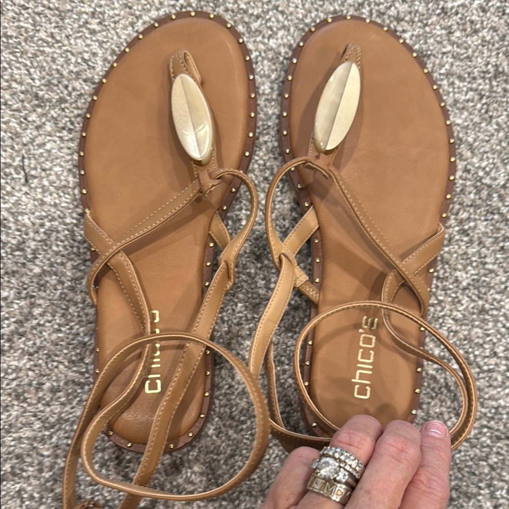 Chico's throng Tan Sandals with wrap ankle flats